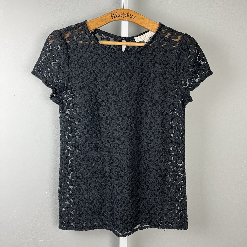 Ann Taylor LOFT‎ Sheer Black Top Shirt Womens S Nylon Mesh Floral Embroidered